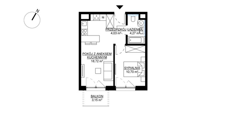 Rzut - Mieszkanie na sprzedaż 2 pokoje o powierzchni 37,72 m² - numer M41 w KWADRAT etap 2