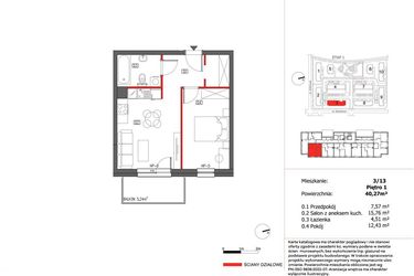 Rzut - Mieszkanie na sprzedaż 2 pokoje o powierzchni 40,27 m² - numer 3/13 w Słoneczny Zakątek