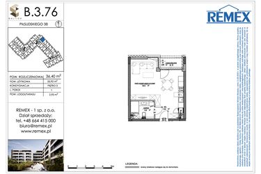 Rzut - Mieszkanie na sprzedaż 1 pokój o powierzchni 36,4 m² - numer B.3.76 w Osiedle BALTICA