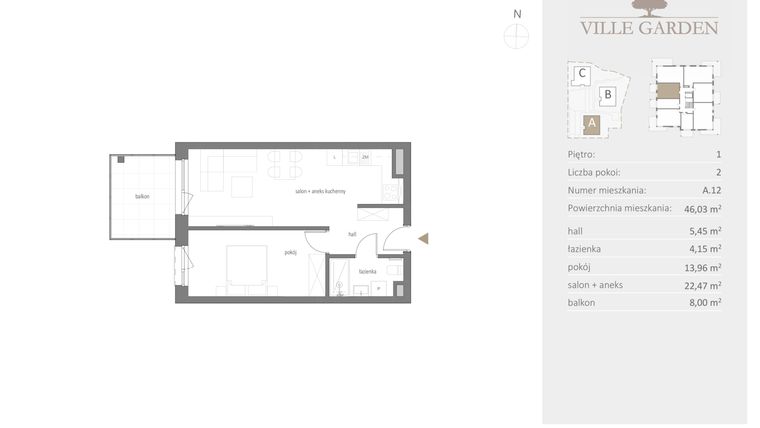 Rzut - Mieszkanie na sprzedaż 2 pokoje o powierzchni 46,03 m² - numer A.12 w Ville Garden