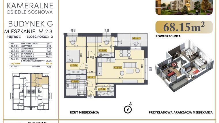 Rzut - Mieszkanie na sprzedaż 3 pokoje o powierzchni 67,03 m² - numer M2.3 w Osiedle Sosnowa G
