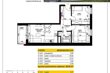 Rzut - Mieszkanie na sprzedaż 3 pokoje o powierzchni 58,23 m² - numer B 10.01 w Park Moniuszki II C