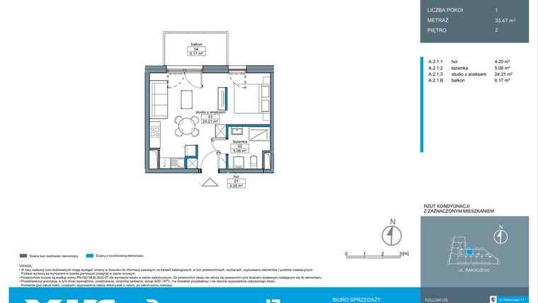 Rzut - Mieszkanie na sprzedaż 1 pokój o powierzchni 33,43 m² - numer A.2.1 w Rakoczego 17