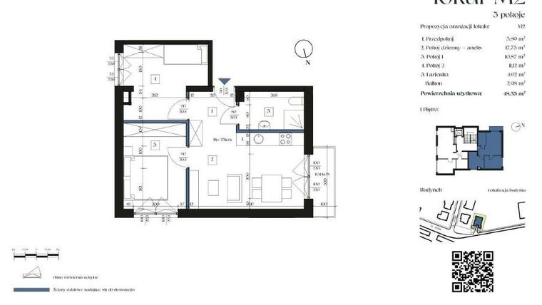 Rzut - Mieszkanie na sprzedaż 3 pokoje o powierzchni 48,34 m² - numer M2 w Villa Widok