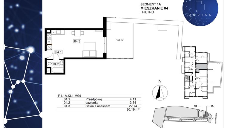Rzut - Mieszkanie na sprzedaż 1 pokój o powierzchni 30,19 m² - numer 39/4 w Zodiak
