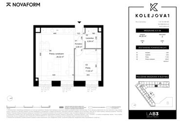 Rzut - Mieszkanie na sprzedaż 2 pokoje o powierzchni 44,3 m² - numer A-01-08 w Kolejova 1