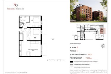 Rzut - Mieszkanie na sprzedaż 3 pokoje o powierzchni 72,34 m² - numer B-0-01 w Siedlecka Residence