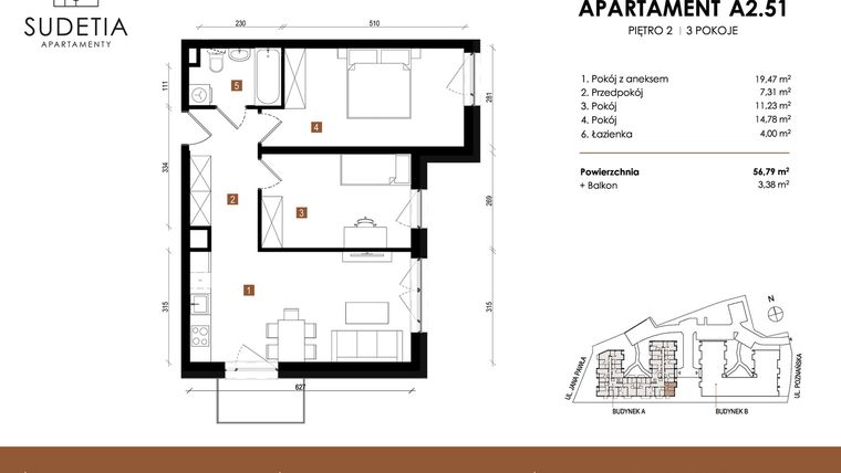 Rzut - Mieszkanie na sprzedaż 3 pokoje o powierzchni 56,79 m² - numer A 2.51 w Apartamenty Sudetia