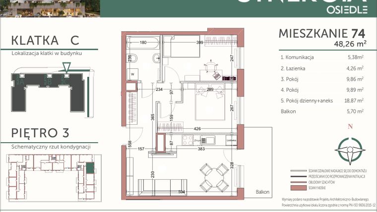 Rzut - Mieszkanie na sprzedaż 3 pokoje o powierzchni 48,26 m² - numer M74 w SYNERGIA