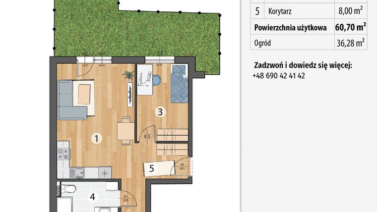 Rzut - Mieszkanie na sprzedaż 3 pokoje o powierzchni 60,7 m² - numer G1-02 w Smolec pod Wrocławem Dobry Deweloper Milo
