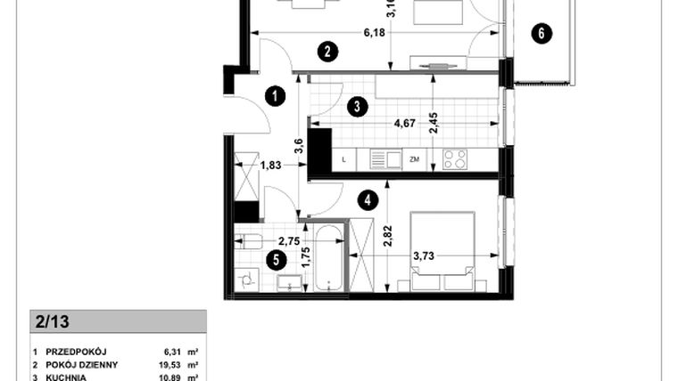 Rzut - Mieszkanie na sprzedaż 2 pokoje o powierzchni 52,98 m² - numer 3A.2/13 w Nowa Winnica