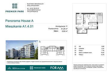 Rzut - Mieszkanie na sprzedaż 3 pokoje o powierzchni 51,26 m² - numer A1.4.01 w Premier Park II
