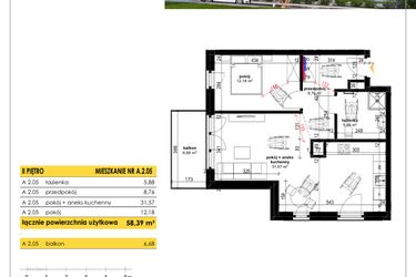 Rzut - Mieszkanie na sprzedaż 3 pokoje o powierzchni 58,12 m² - numer A 2.05 w Park Moniuszki II C