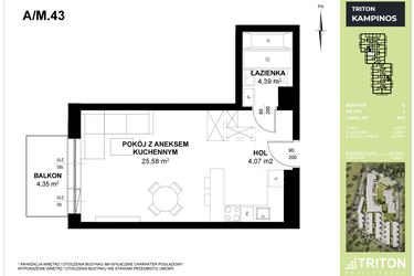 Rzut - Mieszkanie na sprzedaż 1 pokój o powierzchni 34,04 m² - numer A_M43 w Triton Kampinos III