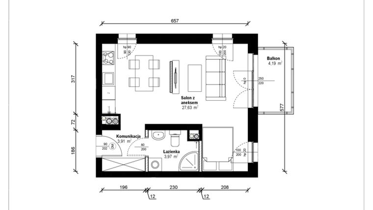 Rzut - Mieszkanie na sprzedaż 1 pokój o powierzchni 36,11 m² - numer B.1.26.1k w ATRIUM