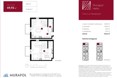 Rzut - Mieszkanie na sprzedaż 1 pokój o powierzchni 69,92 m² - numer 1.A.2.13 w Murapol Helio bud. 1 i 4