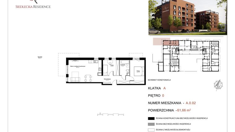 Rzut - Mieszkanie na sprzedaż 3 pokoje o powierzchni 62,56 m² - numer A-0-02 w Siedlecka Residence