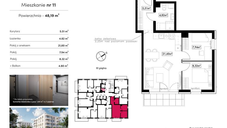 Rzut - Mieszkanie na sprzedaż 3 pokoje o powierzchni 48,19 m² - numer B22.M11 w Novum Rumia - bud. 22