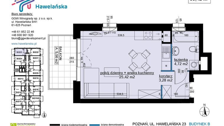 Rzut - Mieszkanie na sprzedaż 1 pokój o powierzchni 33,42 m² - numer B/2/23 w Osiedle Hawelańska etap III - bud. B