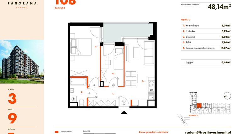 Rzut - Mieszkanie na sprzedaż 3 pokoje o powierzchni 48,14 m² - numer E108 w Panorama Struga