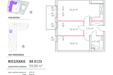 Rzut - Mieszkanie na sprzedaż 3 pokoje o powierzchni 59,08 m² - numer D123 w Osiedle Impresja 2