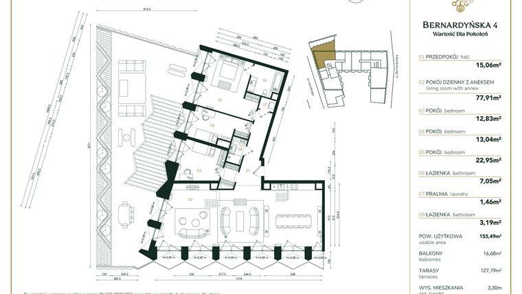 Rzut - Mieszkanie na sprzedaż 4 pokoje o powierzchni 153,49 m² - numer A/5/01 w Bernardyńska 4