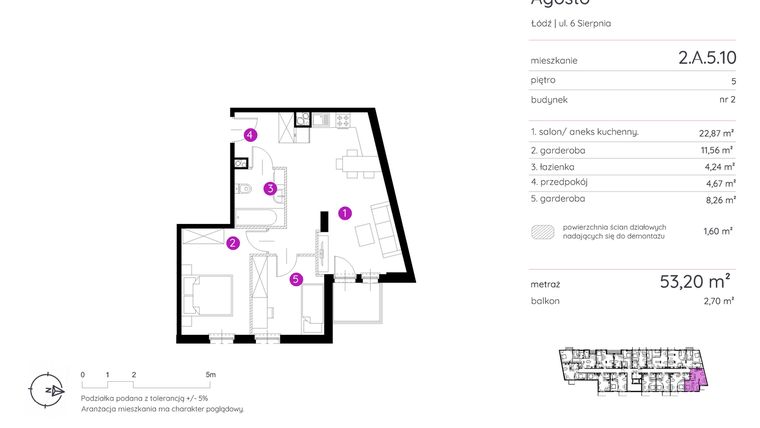Rzut - Mieszkanie na sprzedaż 1 pokój o powierzchni 53,2 m² - numer 2.A.5.10 w Murapol Agosto