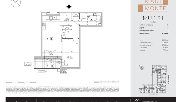 Rzut - Mieszkanie na sprzedaż 2 pokoje o powierzchni 52,89 m² - numer MU.1.31 w Marimonte - apartamenty inwestycyjne