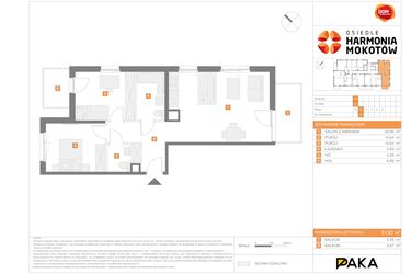 Rzut - Mieszkanie na sprzedaż 3 pokoje o powierzchni 62,04 m² - numer J.2 w Osiedle Harmonia Mokotów etap 3