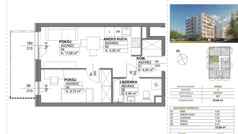 Rzut - Mieszkanie na sprzedaż 2 pokoje o powierzchni 33,64 m² - numer A00_M22 w Wierzbowy Park