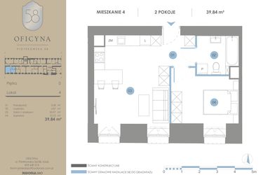 Rzut - Mieszkanie na sprzedaż 2 pokoje o powierzchni 39,84 m² - numer 4 w Oficyna - Apartamenty Inwestycyjne Apart Hotel