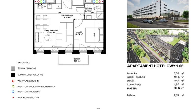 Rzut - Mieszkanie na sprzedaż 2 pokoje o powierzchni 38,01 m² - numer 106 w Apartamentowiec Zwycięska 3 - inwestycyjne