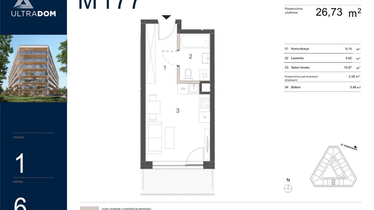 Rzut - Mieszkanie na sprzedaż 1 pokój o powierzchni 27,31 m² - numer M177 w Ultradom