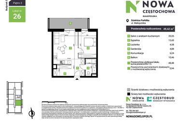 Rzut - Mieszkanie na sprzedaż 2 pokoje o powierzchni 49,42 m² - numer D26 w Nowa Częstochowa Małopolska etap II