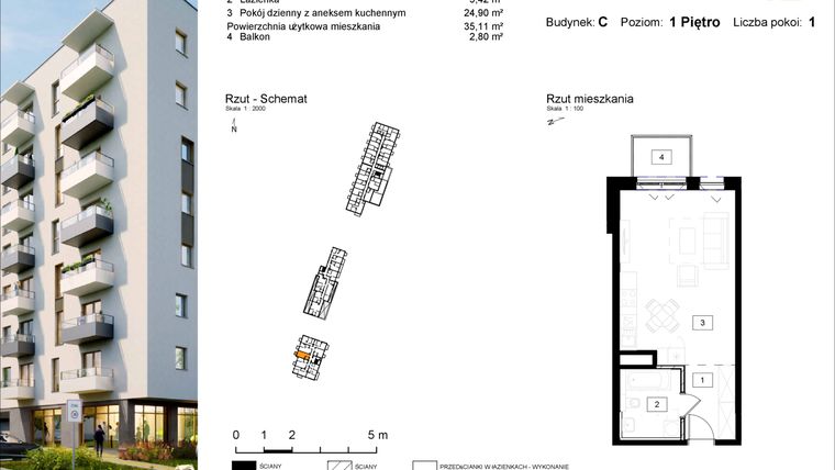 Rzut - Mieszkanie na sprzedaż 1 pokój o powierzchni 35,11 m² - numer C.12 w Osiedle Kochanowskiego - Gliwice