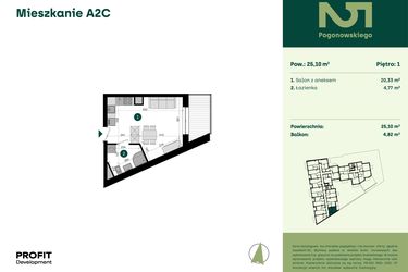Rzut - Mieszkanie na sprzedaż 1 pokój o powierzchni 25,1 m² - numer POGO2/A/2C w Pogonowskiego 52