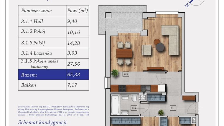 Rzut - Mieszkanie na sprzedaż 3 pokoje o powierzchni 65,33 m² - numer 51C.6 w Dębowa 51