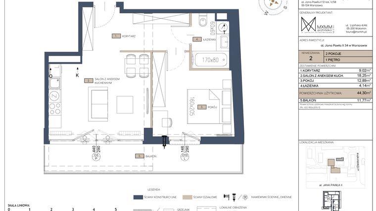 Rzut - Mieszkanie na sprzedaż 2 pokoje o powierzchni 44,3 m² - numer 2 w Apartamenty Jana Pawła 34