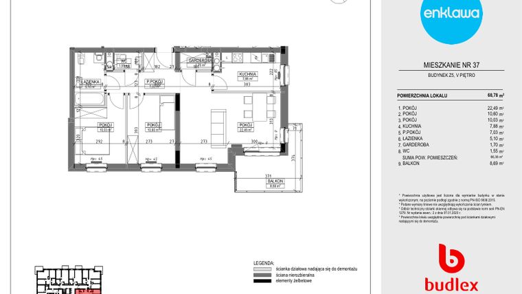 Rzut - Mieszkanie na sprzedaż 3 pokoje o powierzchni 67,73 m² - numer Z5.37 w Enklawa Apartamenty Z4 i Z5