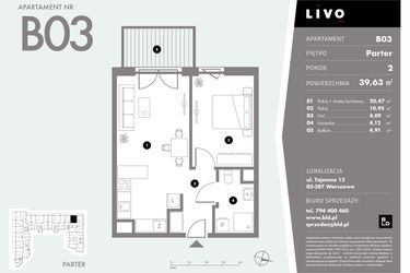 Rzut - Mieszkanie na sprzedaż 2 pokoje o powierzchni 39,63 m² - numer B03 w Livo