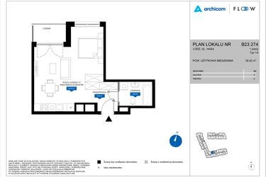 Rzut - Mieszkanie na sprzedaż 1 pokój o powierzchni 38,42 m² - numer B23 274 w Flow - bud. B2 A i bud. B2 B