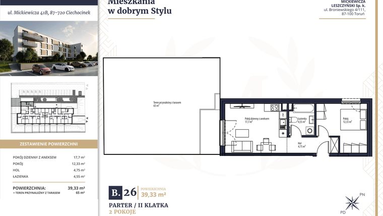 Rzut - Mieszkanie na sprzedaż 2 pokoje o powierzchni 39,33 m² - numer B26 w Mickiewicza