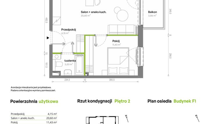 Rzut - Mieszkanie na sprzedaż 2 pokoje o powierzchni 39,71 m² - numer F1/25/M w Południe Vita