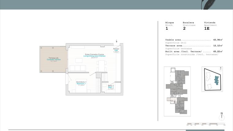 Rzut - Mieszkanie na sprzedaż 1 pokój o powierzchni 43,94 m² - numer B1-1E w Talasa Celeus y Terra by Quadratia