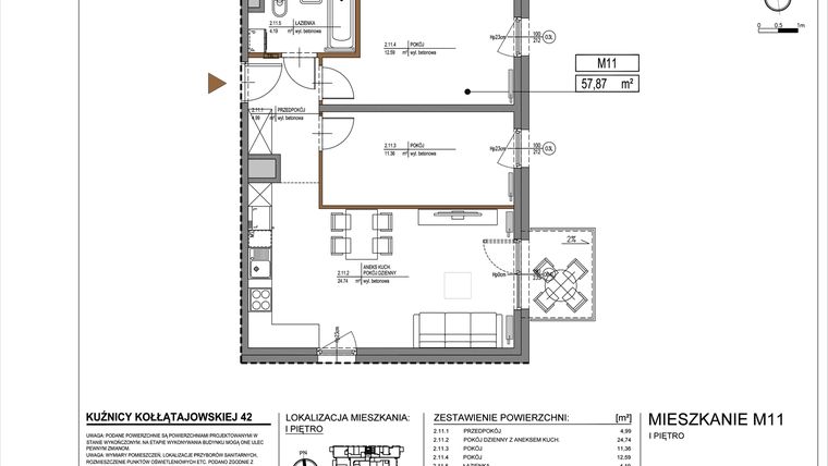 Rzut - Mieszkanie na sprzedaż 3 pokoje o powierzchni 57,87 m² - numer M11 w Kuźnicy Kołłątajowskiej 42