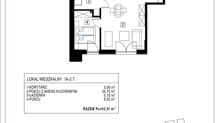 Rzut - Mieszkanie na sprzedaż 2 pokoje o powierzchni 43,51 m² - numer 1A-2.7 w Gardenia Pogodno