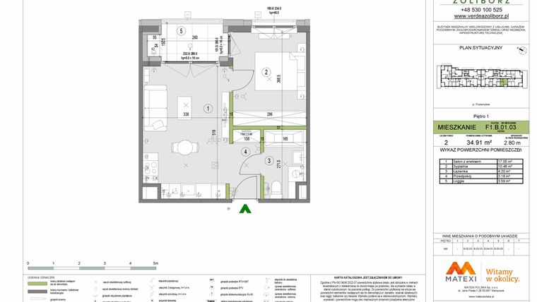 Rzut - Mieszkanie na sprzedaż 2 pokoje o powierzchni 34,91 m² - numer F1.B.01.03 w Verdea Żoliborz