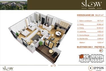 Rzut - Mieszkanie na sprzedaż 3 pokoje o powierzchni 56,21 m² - numer M29 w Osiedle SLOW