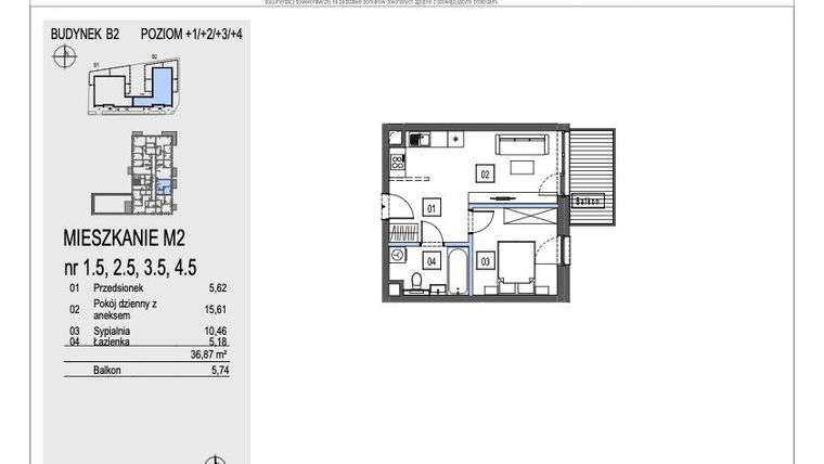 Rzut - Mieszkanie na sprzedaż 2 pokoje o powierzchni 36,87 m² - numer B2.2.5 w Chryzantemovo