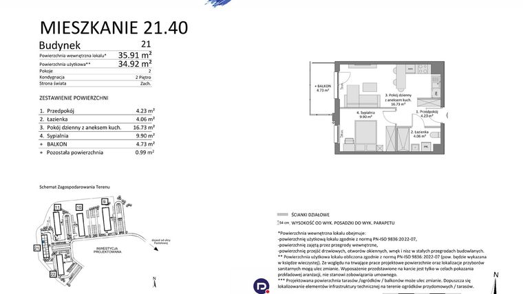 Rzut - Mieszkanie na sprzedaż 2 pokoje o powierzchni 34,92 m² - numer 21.40 w Osiedle Pastelowe etap IV